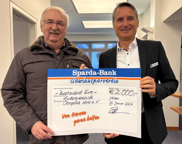 Gewinnsparverein der Sparda-Bank Ostbayern e.V. spendet 2.000 Euro an die Kinderkrebshilfe in der Oberpfalz Nord e.V.